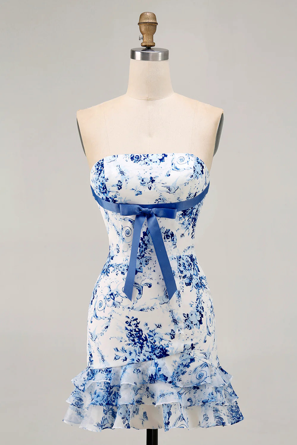 White Blue Flower Printed Bodycon Open Back Strapless Ruffles Short Homecoming Dress