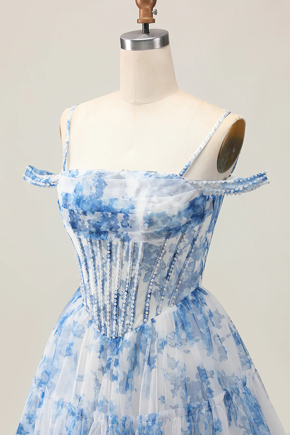 White Blue Flower Printed Spaghetti Straps A-Line Cold Shoulder Homecoming Dress With Beaded