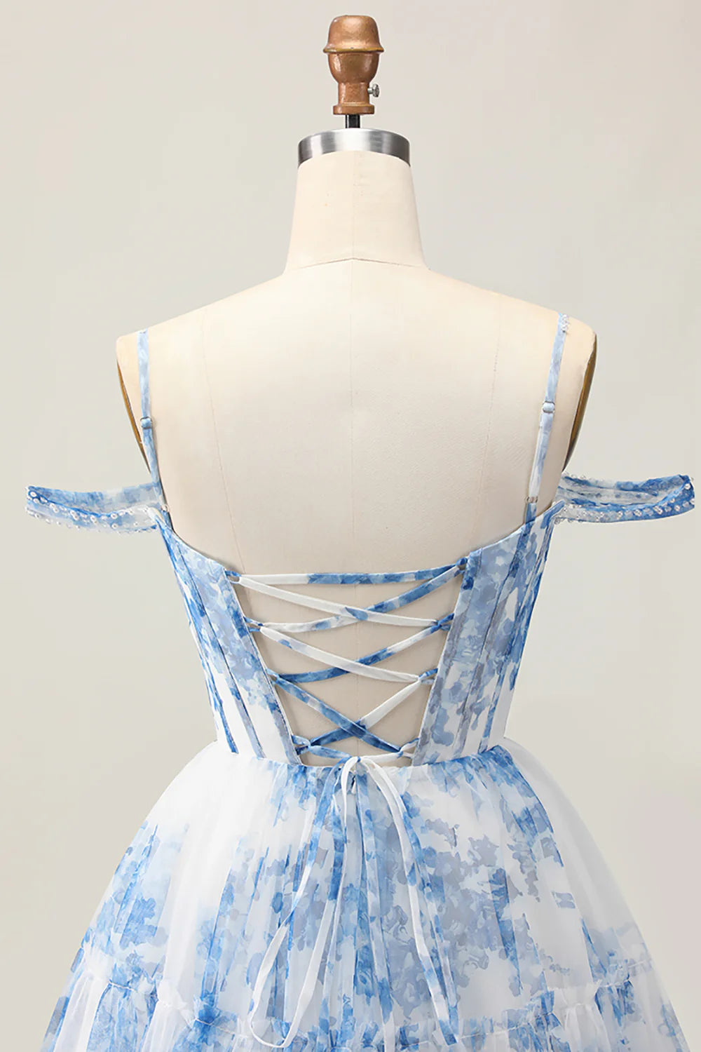 White Blue Flower Printed Spaghetti Straps A-Line Cold Shoulder Homecoming Dress With Beaded