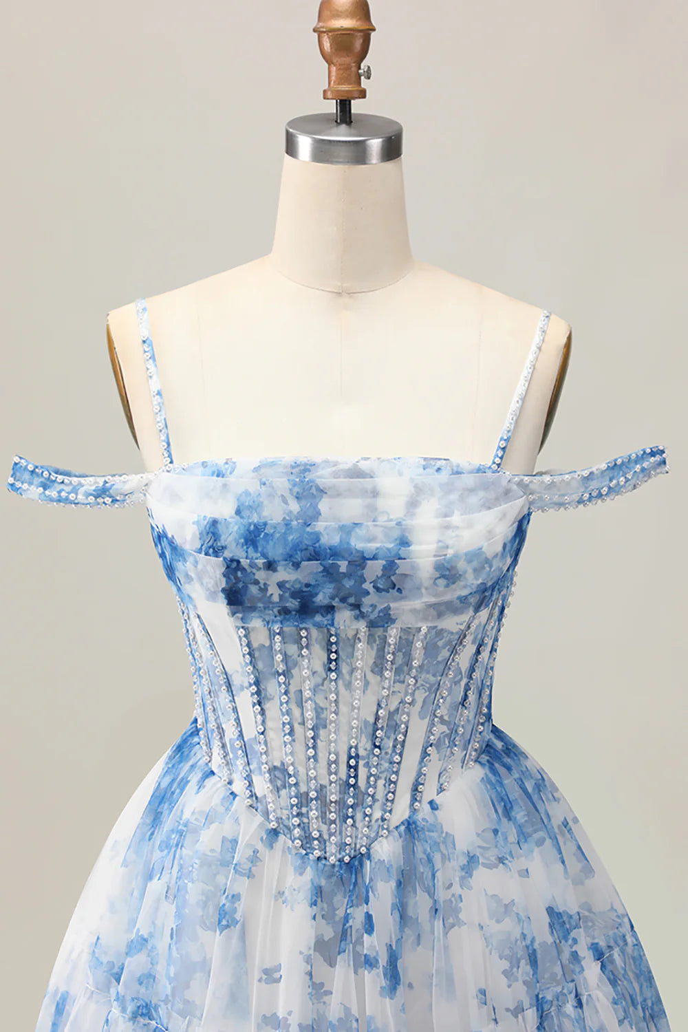 White Blue Flower Printed Spaghetti Straps A-Line Cold Shoulder Homecoming Dress With Beaded