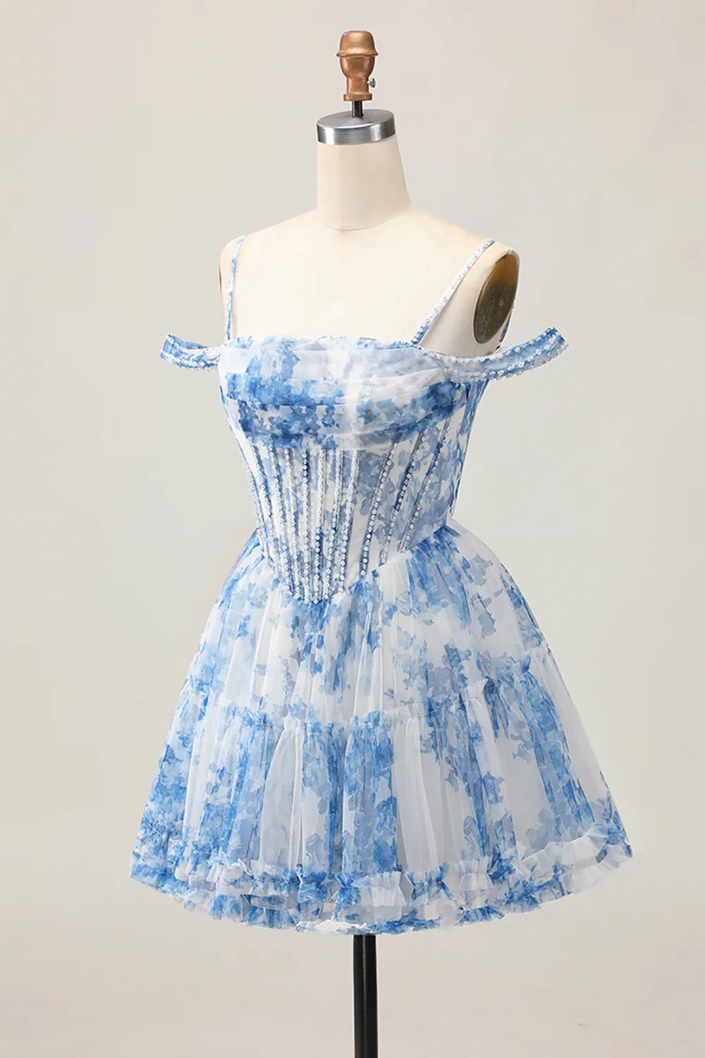 White Blue Flower Printed Spaghetti Straps A-Line Cold Shoulder Homecoming Dress With Beaded