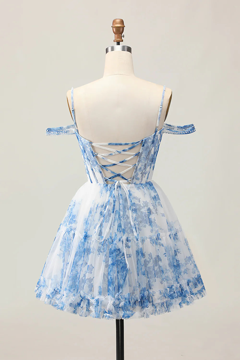White Blue Flower Printed Spaghetti Straps A-Line Cold Shoulder Homecoming Dress With Beaded