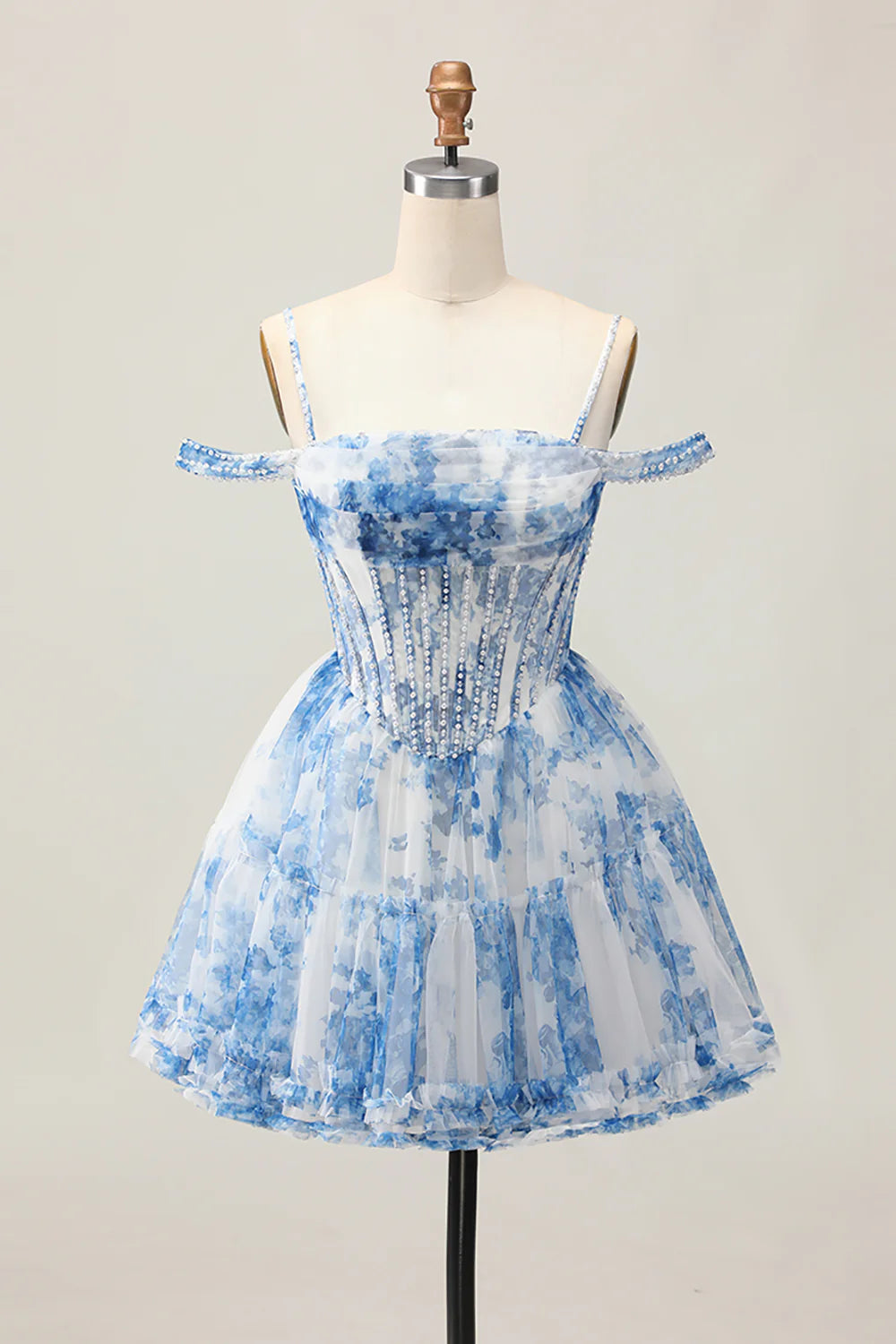 White Blue Flower Printed Spaghetti Straps A-Line Cold Shoulder Homecoming Dress With Beaded