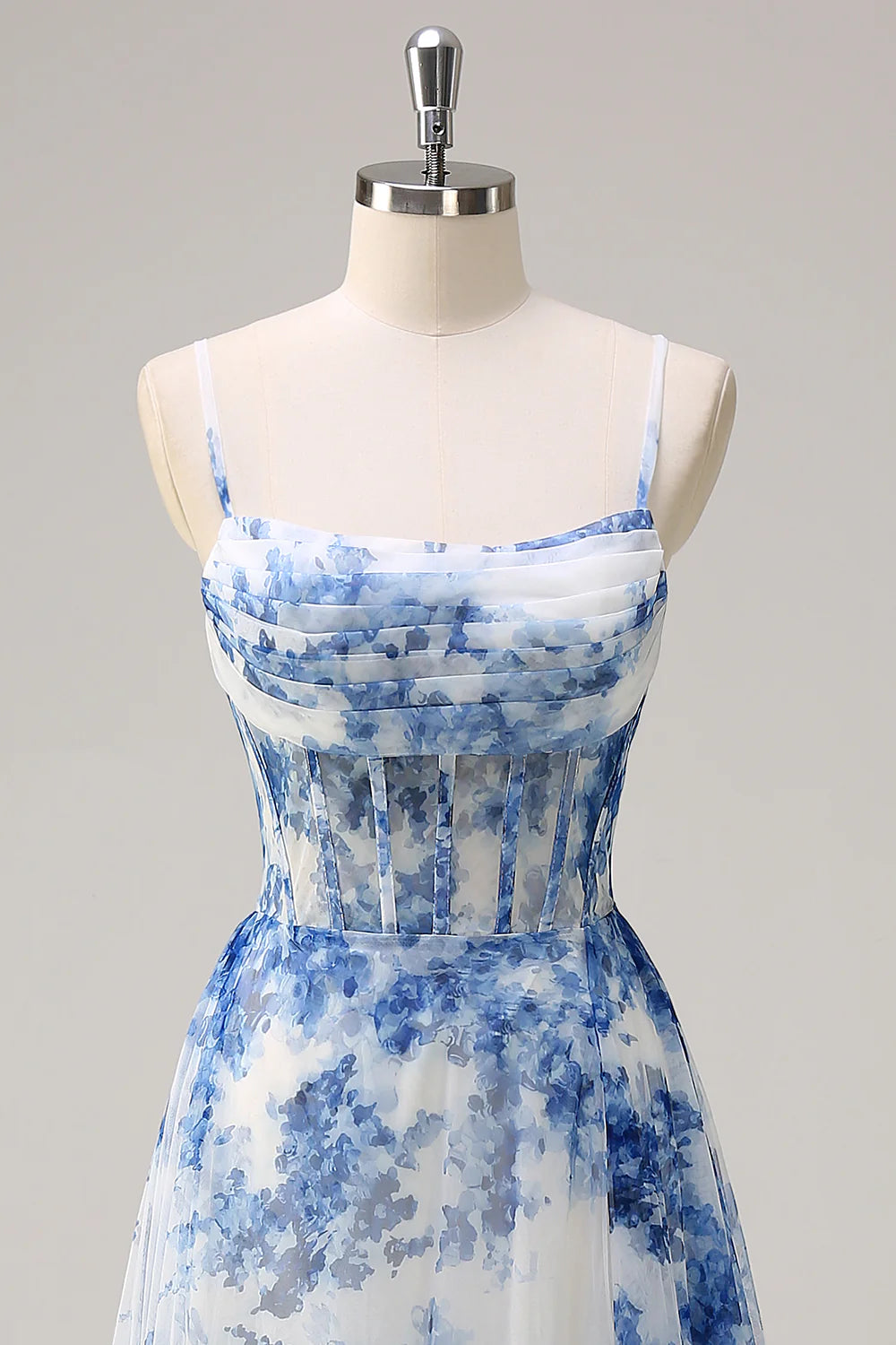 White Blue Flower Spaghetti Straps Ruched Corset Floor Length Prom Dress With Side Slit