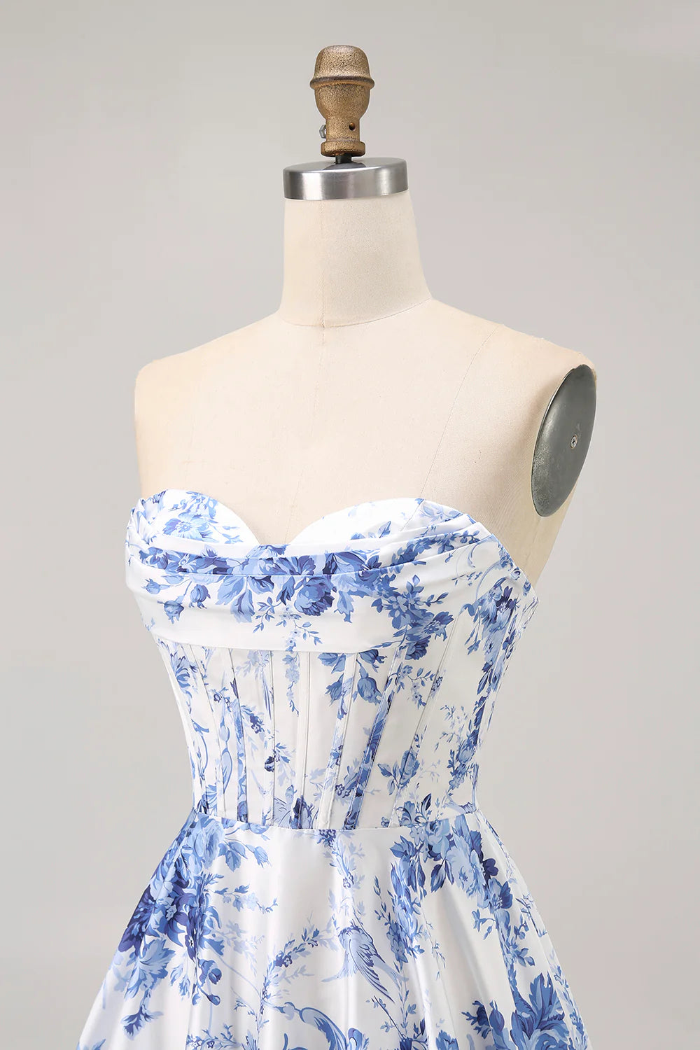 White Blue Flower Sweetheart Collar A Line Strapless Corset Short Homecoming Dress