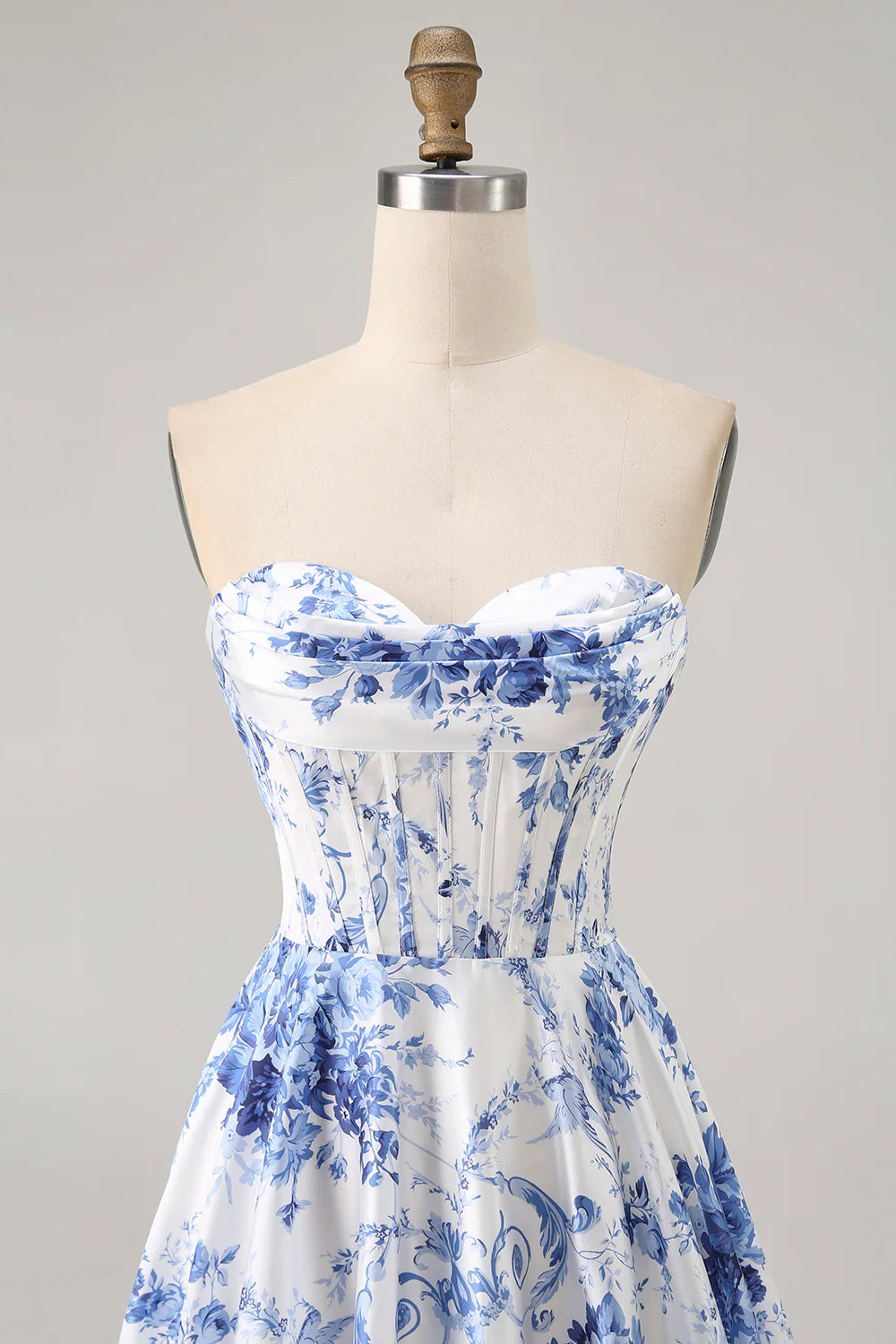 White Blue Flower Sweetheart Collar A Line Strapless Corset Short Homecoming Dress
