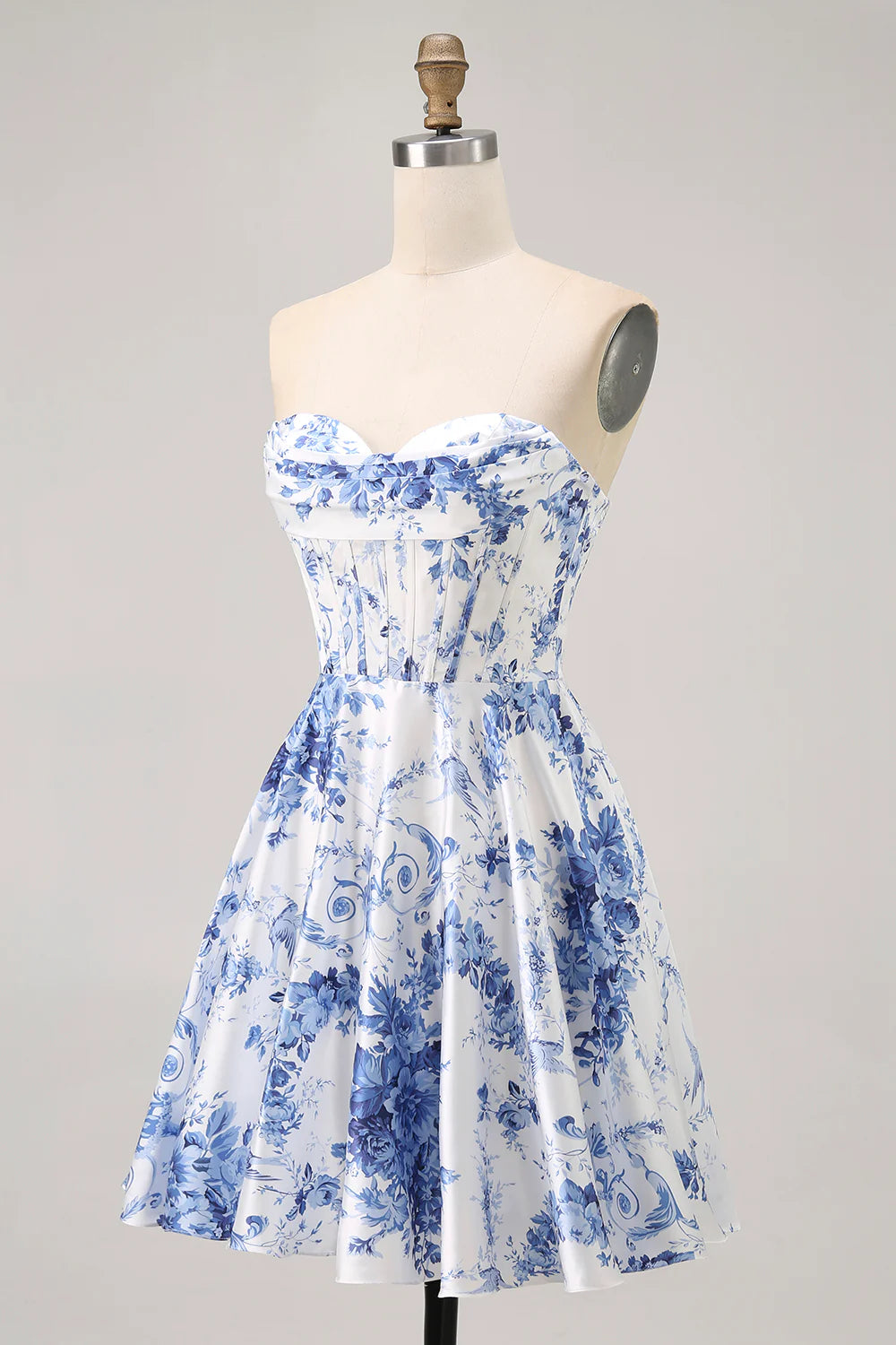 White Blue Flower Sweetheart Collar A Line Strapless Corset Short Homecoming Dress