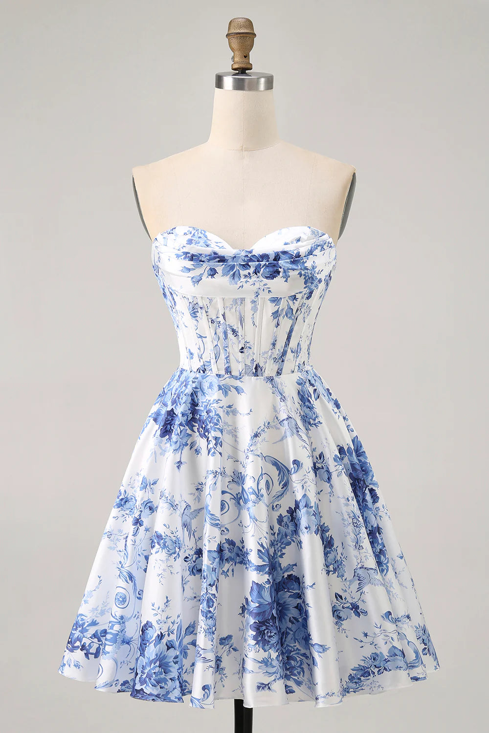 White Blue Flower Sweetheart Collar A Line Strapless Corset Short Homecoming Dress