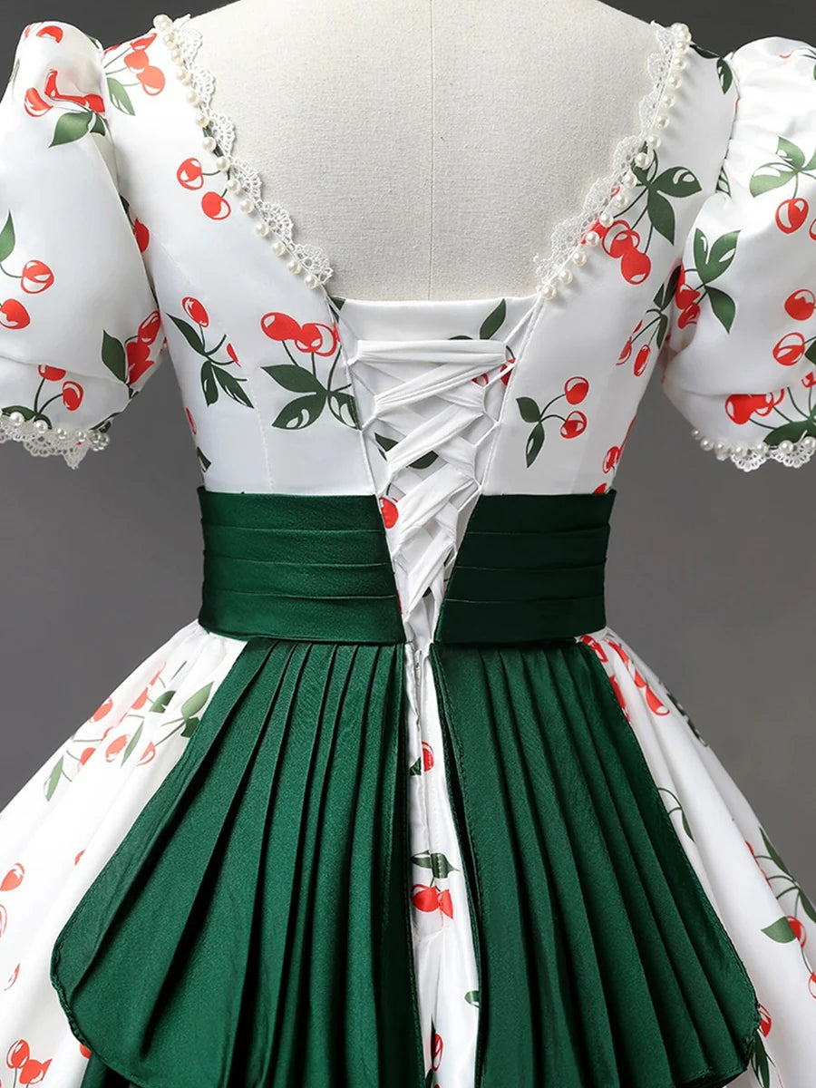 White Cherry Pattern Short Sleeve A-Line Long Prom Dress With Green Trailing