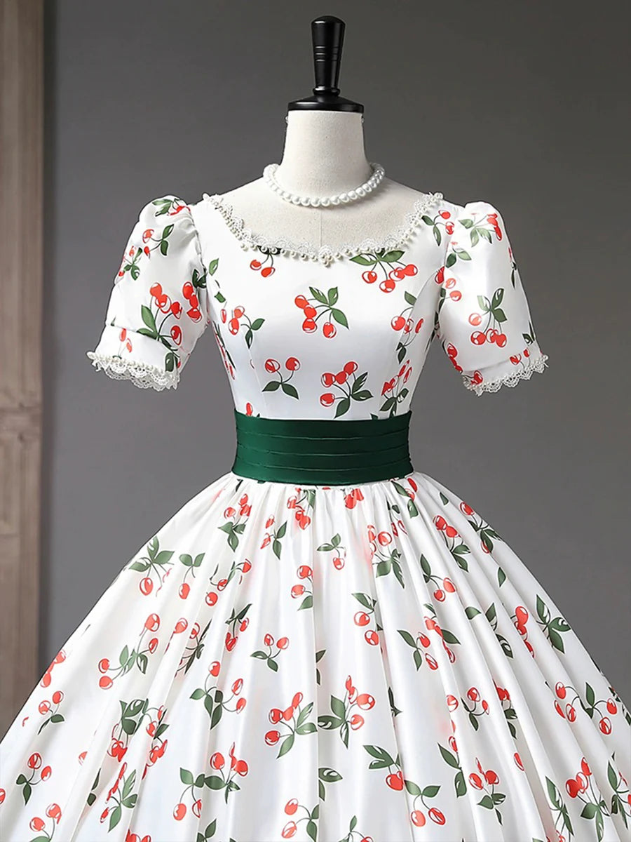 White Cherry Pattern Short Sleeve A-Line Long Prom Dress With Green Trailing