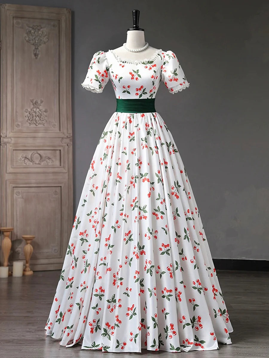 White Cherry Pattern Short Sleeve A-Line Long Prom Dress With Green Trailing