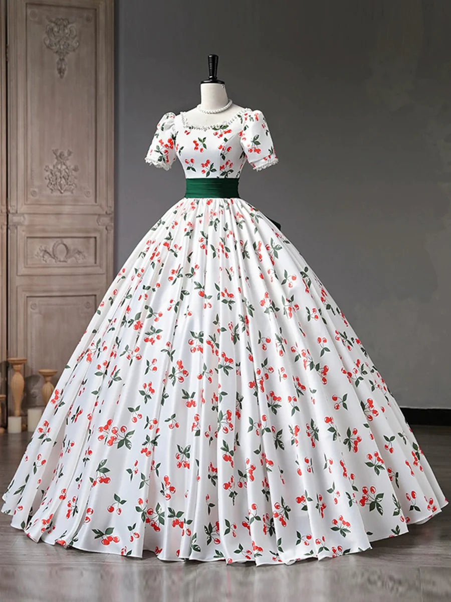 White Cherry Pattern Short Sleeve A-Line Long Prom Dress With Green Trailing