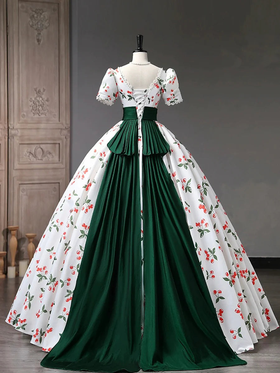 White Cherry Pattern Short Sleeve A-Line Long Prom Dress With Green Trailing
