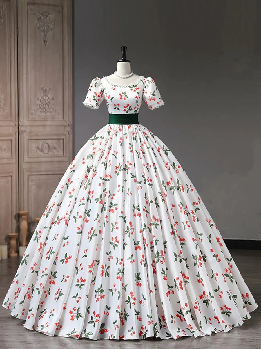 White Cherry Pattern Short Sleeve A-Line Long Prom Dress With Green Trailing