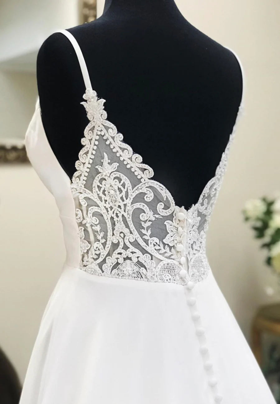 White Chiffon And Lace Spaghetti Straps V-Neck A-Line Long Wedding Dress