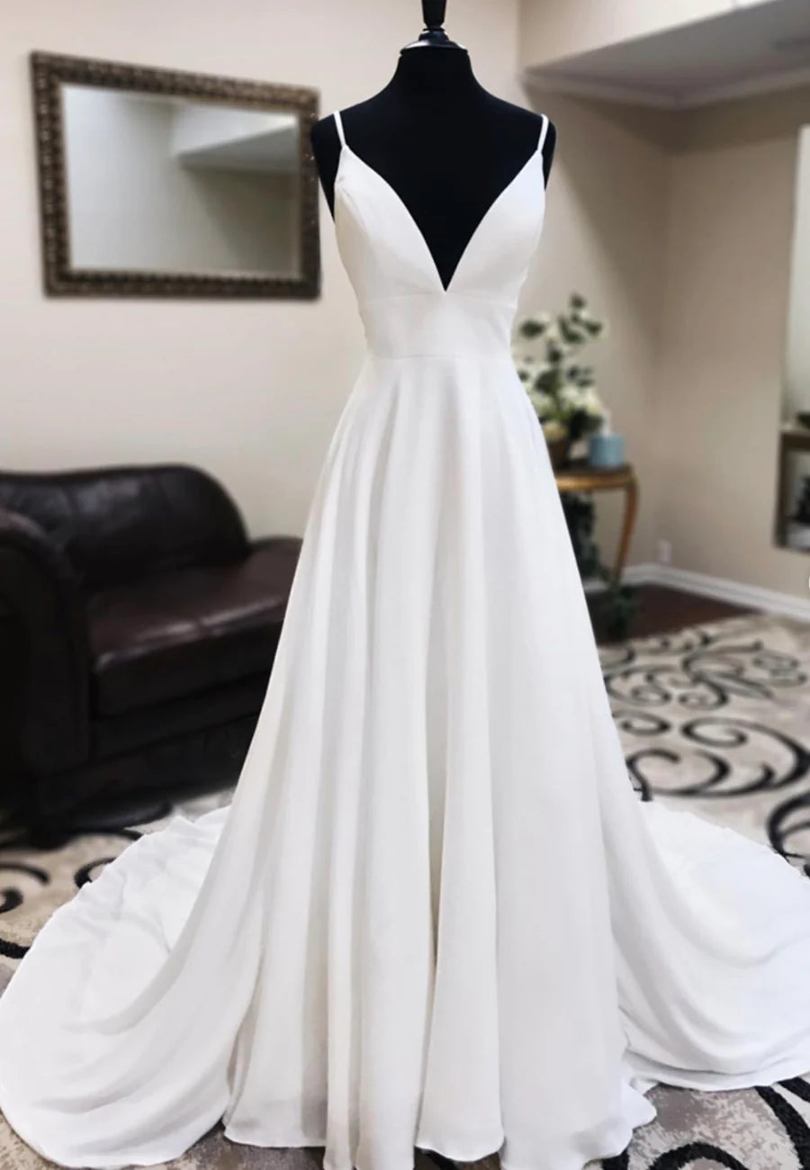 White Chiffon And Lace Spaghetti Straps V-Neck A-Line Long Wedding Dress