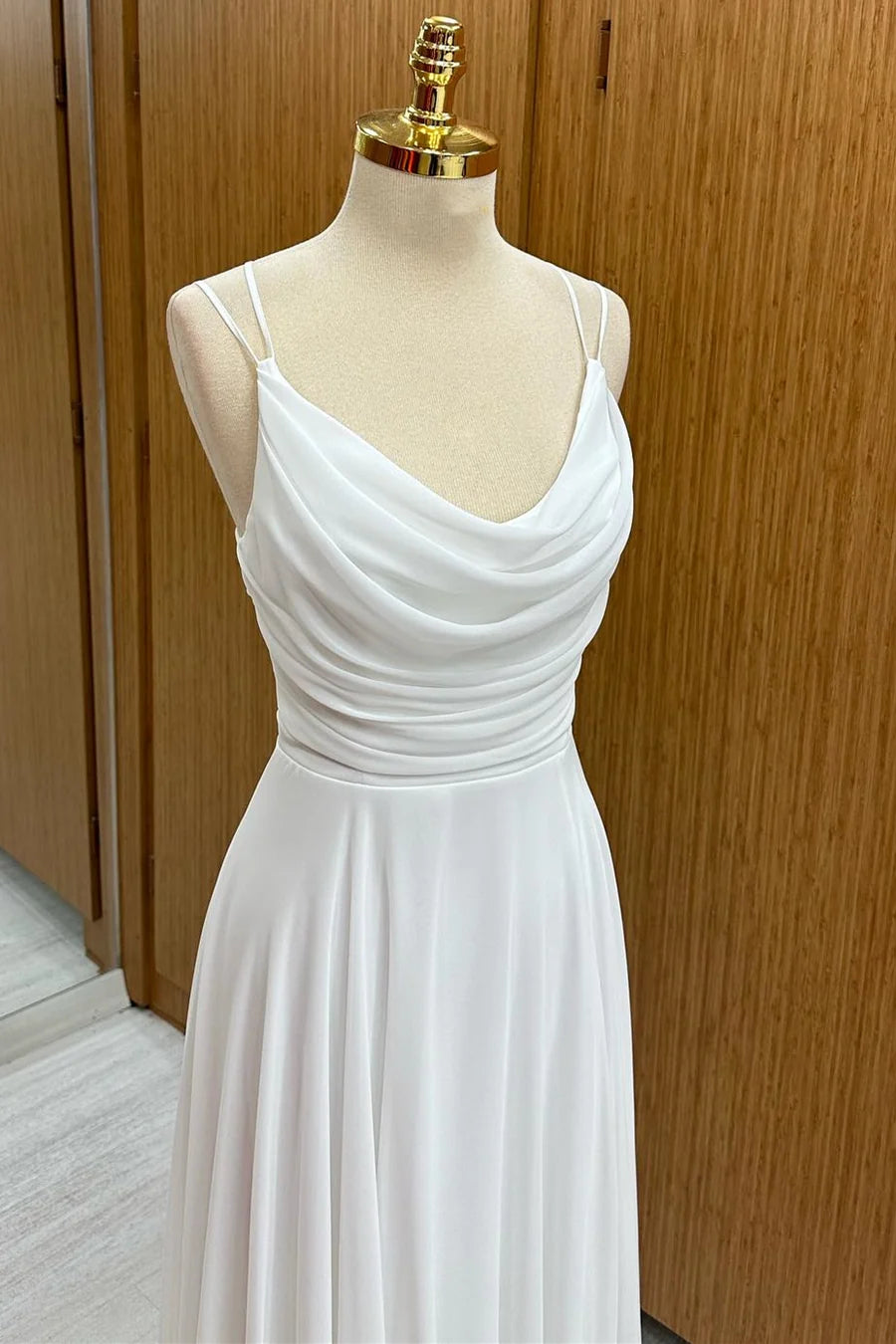 White Chiffon Cowl Neck Floor Length Bridesmaid Dresses With Spaghetti Straps
