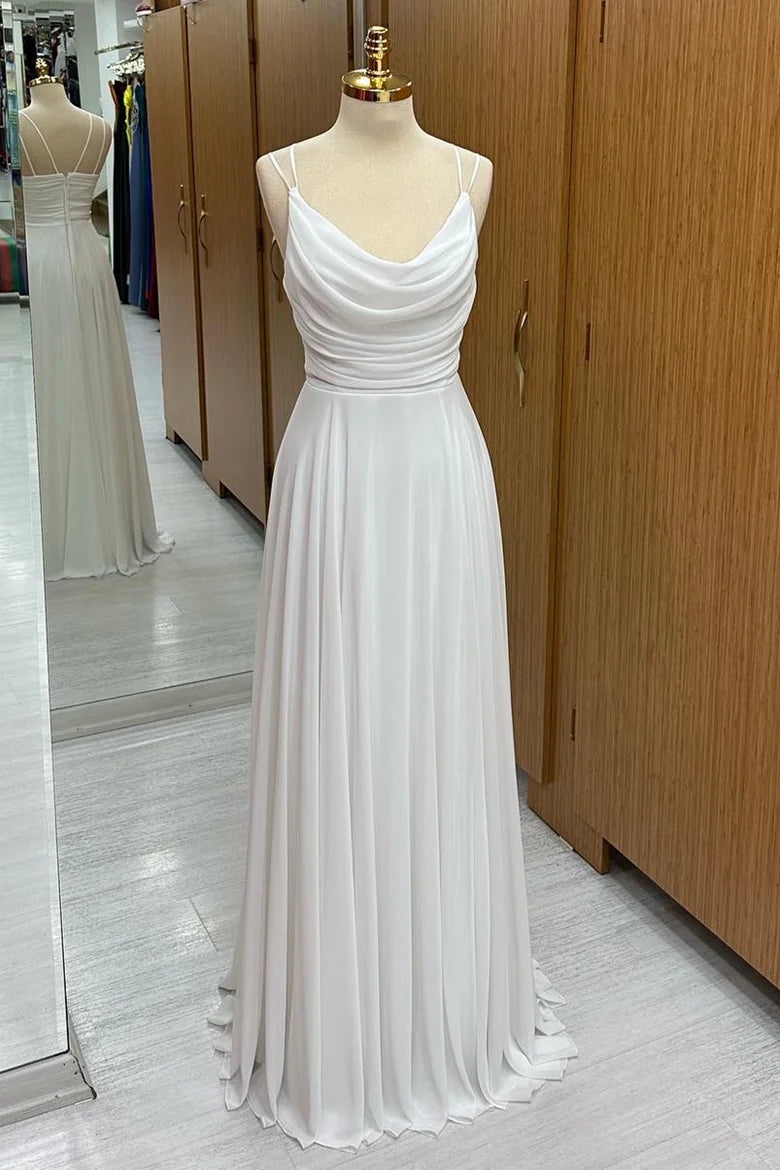 White Chiffon Cowl Neck Floor Length Bridesmaid Dresses With Spaghetti Straps