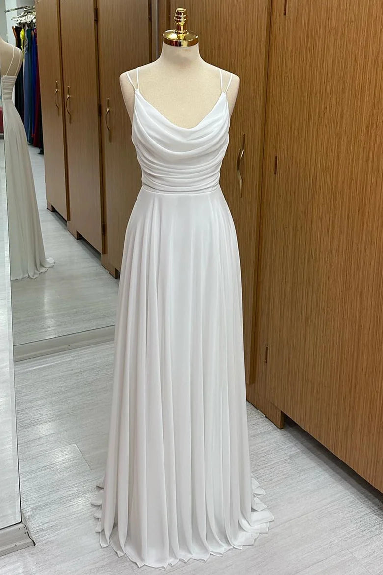 White Chiffon Cowl Neck Floor Length Bridesmaid Dresses With Spaghetti Straps