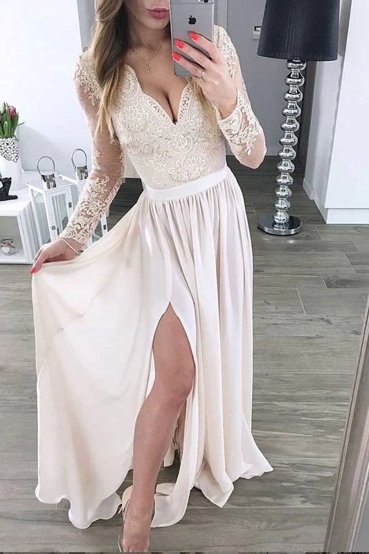 White Chiffon Floral Lace V Neck Long Sleeve Prom Dress Evening Dress Bridesmaid Dress With Slit