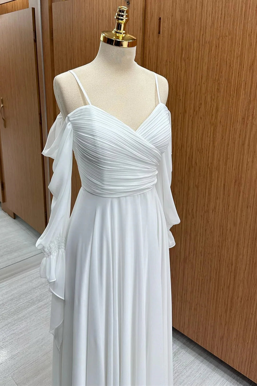 White Chiffon Off-the-Shoulder surplice neckline A-line Bridesmaid Dress