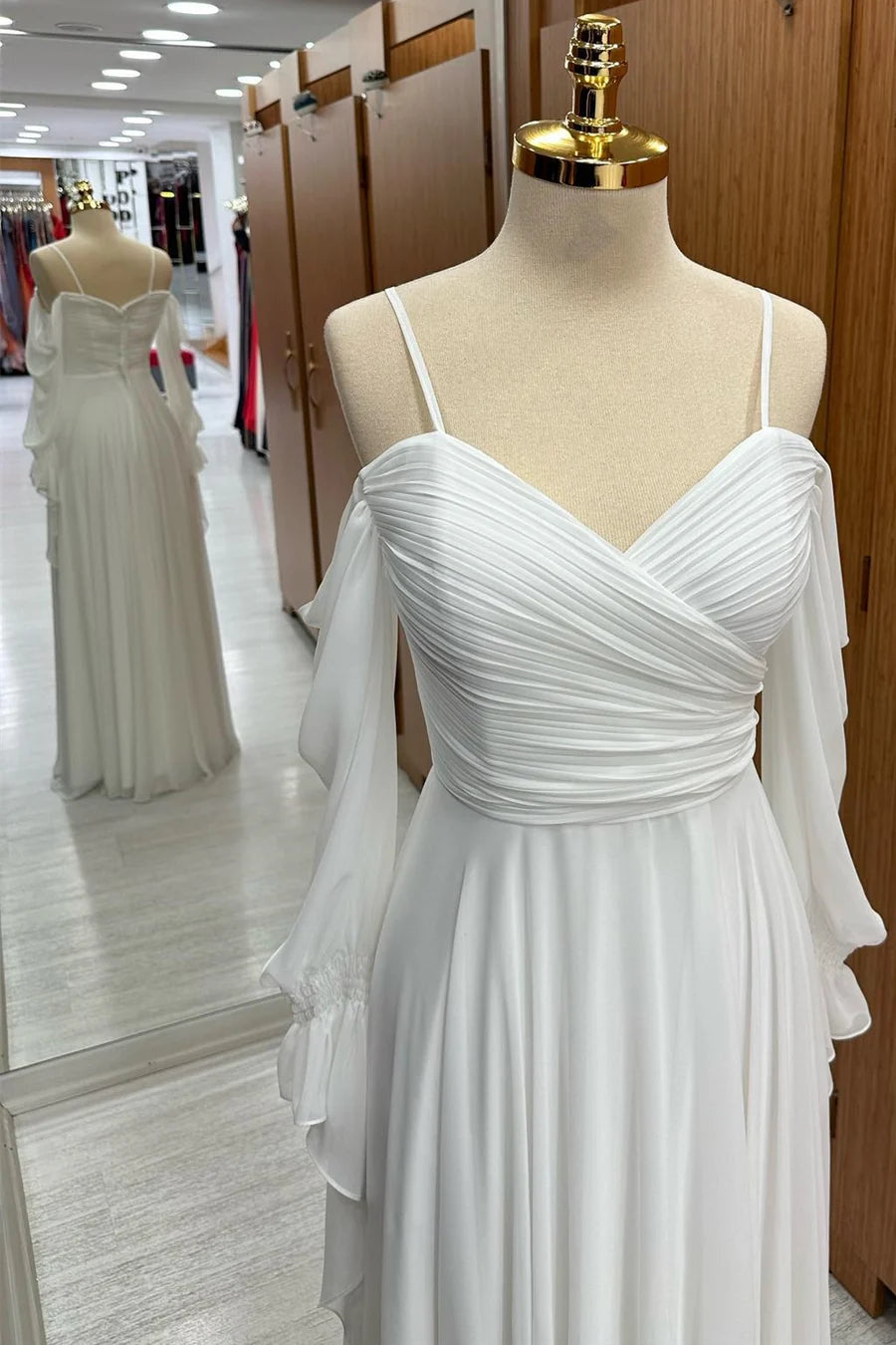White Chiffon Off-the-Shoulder surplice neckline A-line Bridesmaid Dress