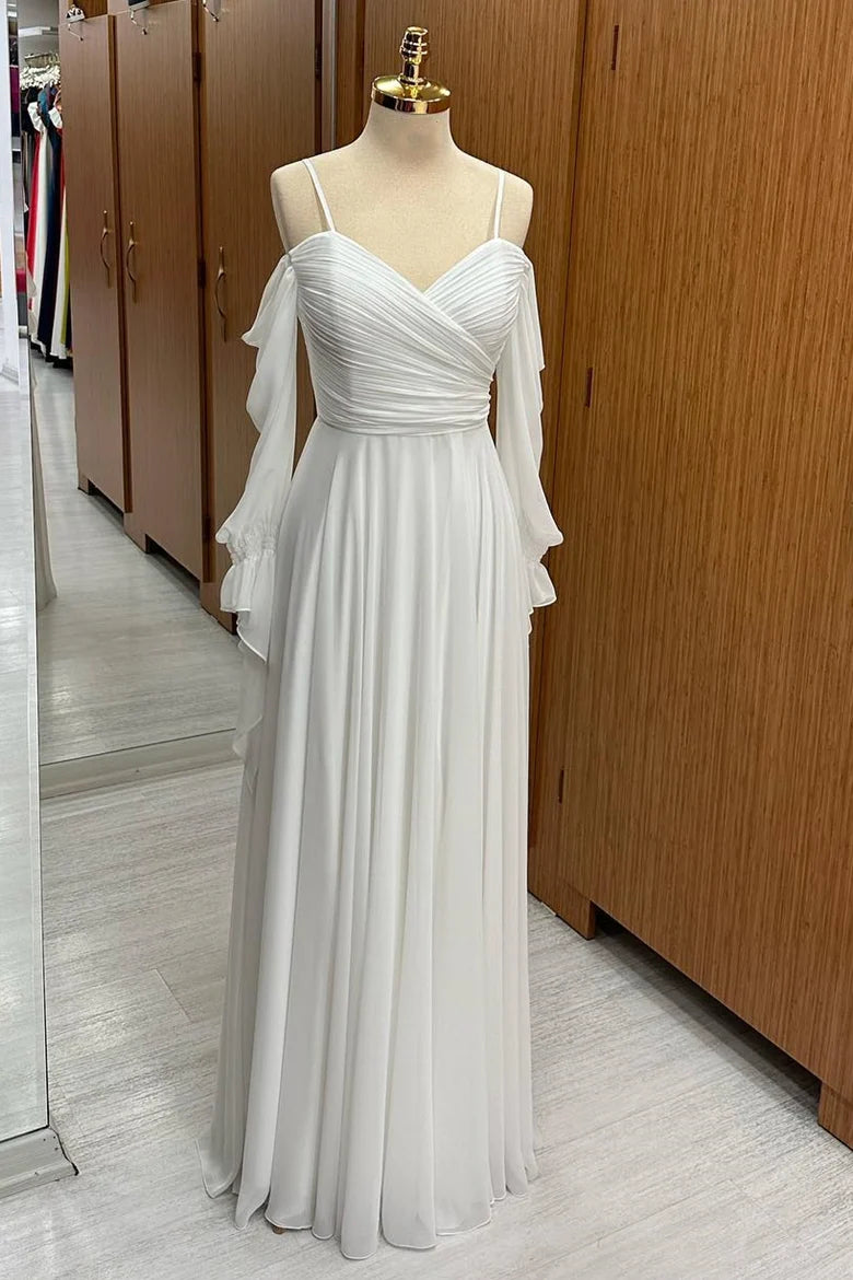 White Chiffon Off-the-Shoulder surplice neckline A-line Bridesmaid Dress