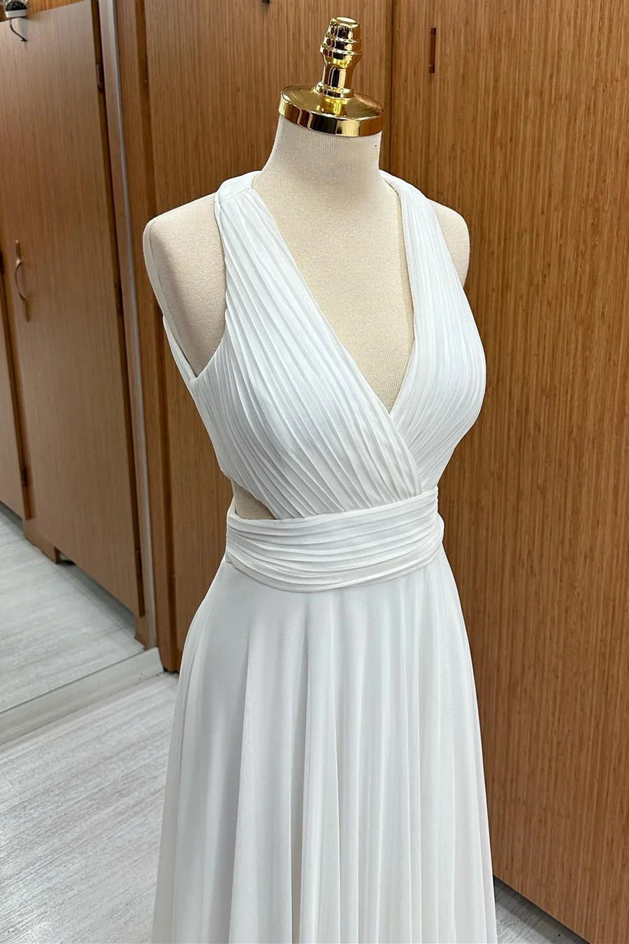 White Chiffon Pleated Halter Cutout Wedding Guest Dress Bridesmaid Dresses