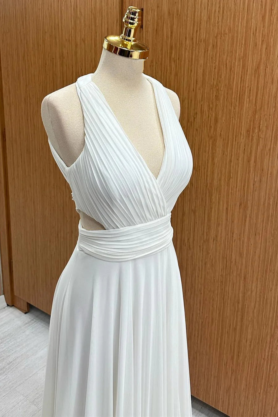 White Chiffon Pleated Halter Cutout Wedding Guest Dress Bridesmaid Dresses