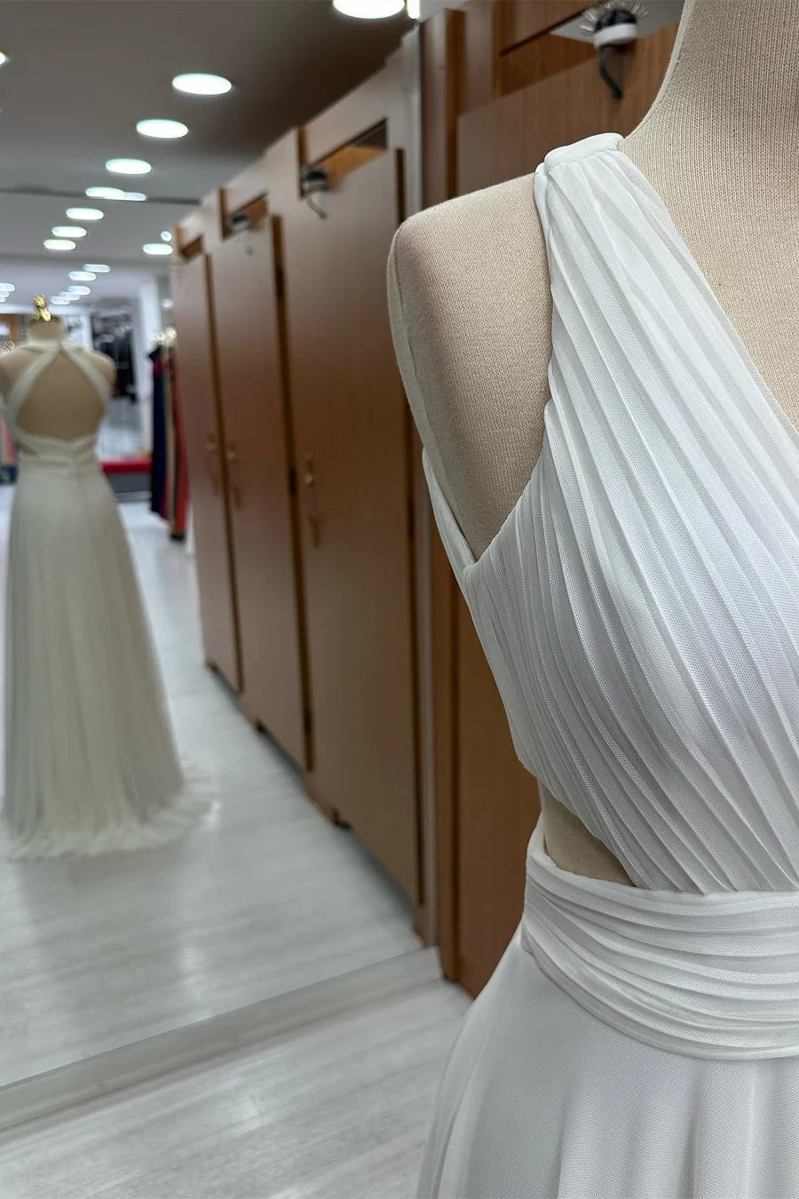 White Chiffon Pleated Halter Cutout Wedding Guest Dress Bridesmaid Dresses