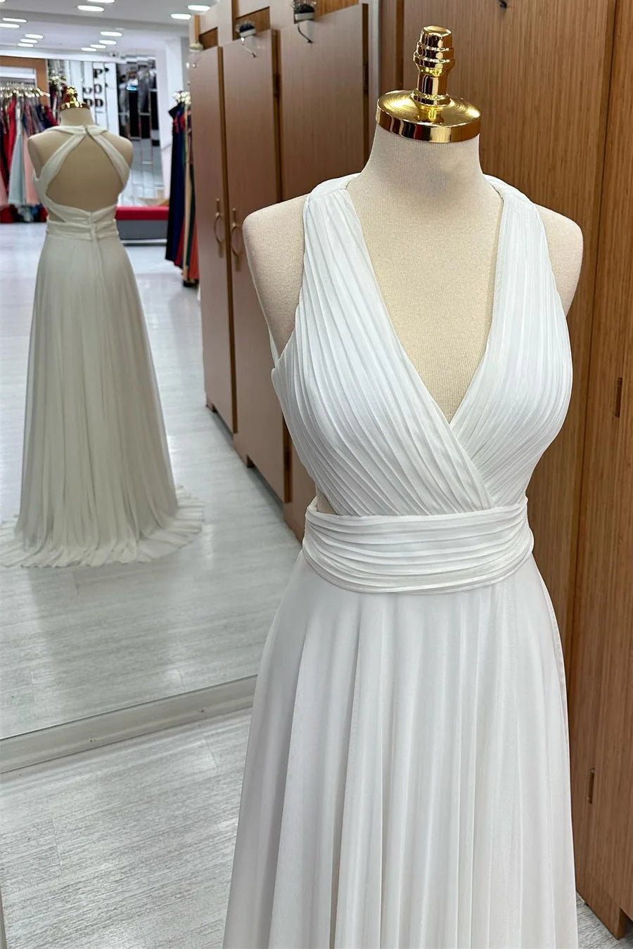 White Chiffon Pleated Halter Cutout Wedding Guest Dress Bridesmaid Dresses