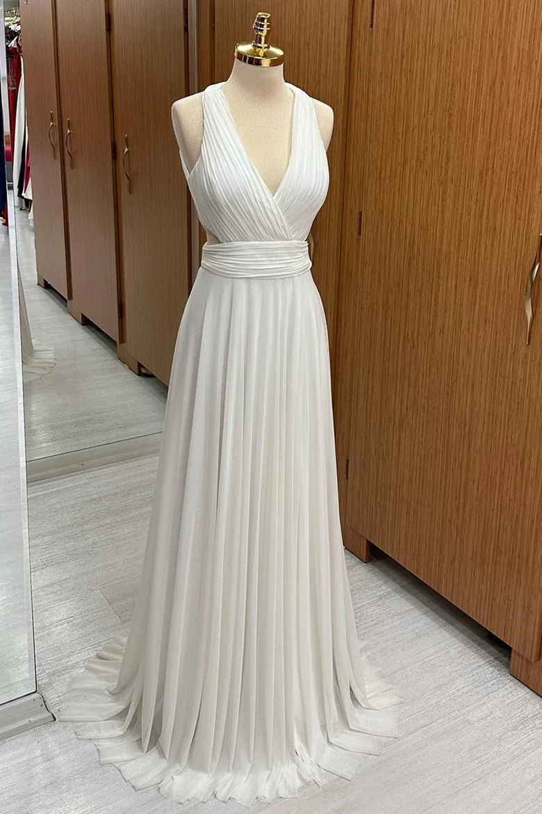 White Chiffon Pleated Halter Cutout Wedding Guest Dress Bridesmaid Dresses
