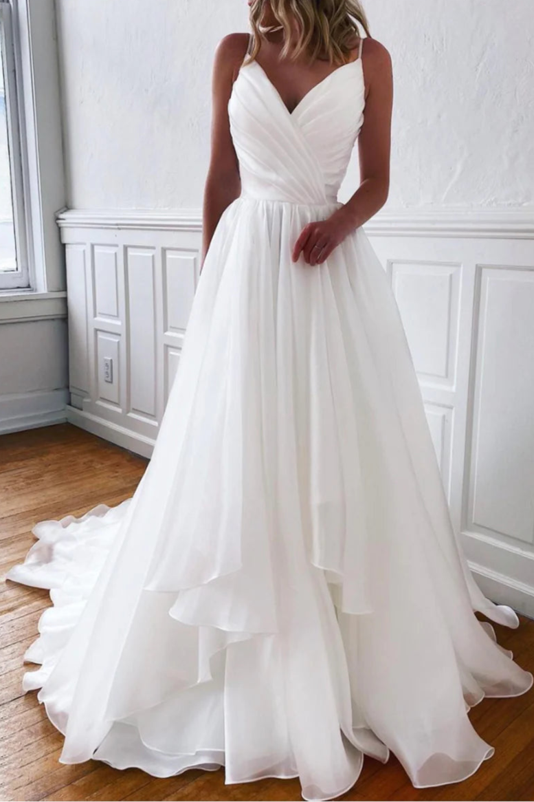 White Chiffon Spaghetti Straps Slant V-Neck Long Prom Dresses A-Line Evening Dresses