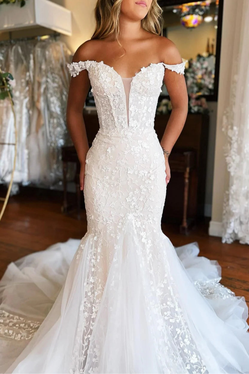White Floral Lace Applique Deep V Neck Off the Shoulder Trumpet Wedding With Train