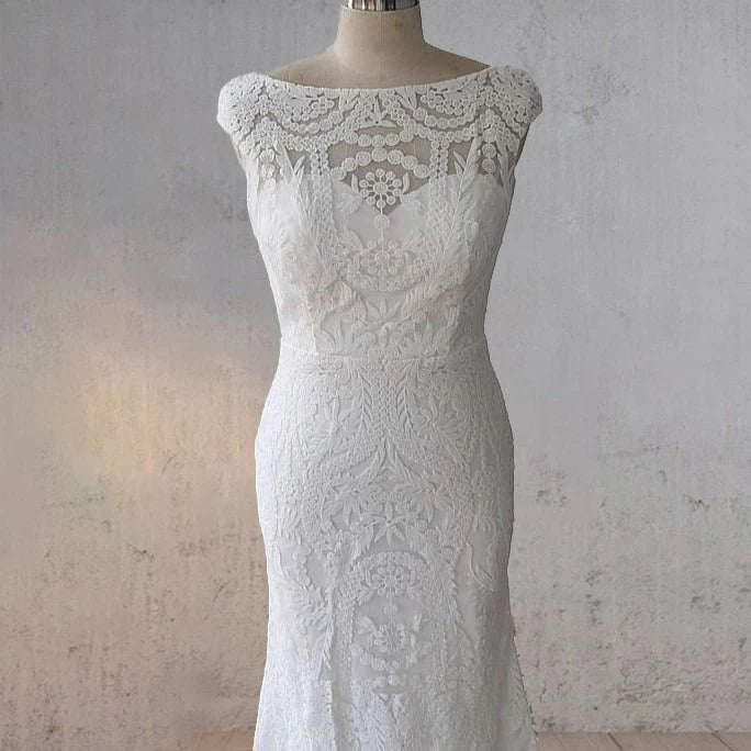 White Floral Lace Mermaid Scoop Neck Sleeveless Open Back Wedding Dress With Sweep Train