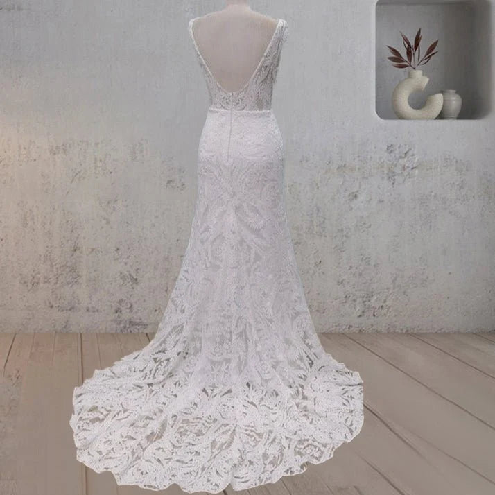 White Floral Lace Mermaid Scoop Neck Sleeveless Open Back Wedding Dress With Sweep Train