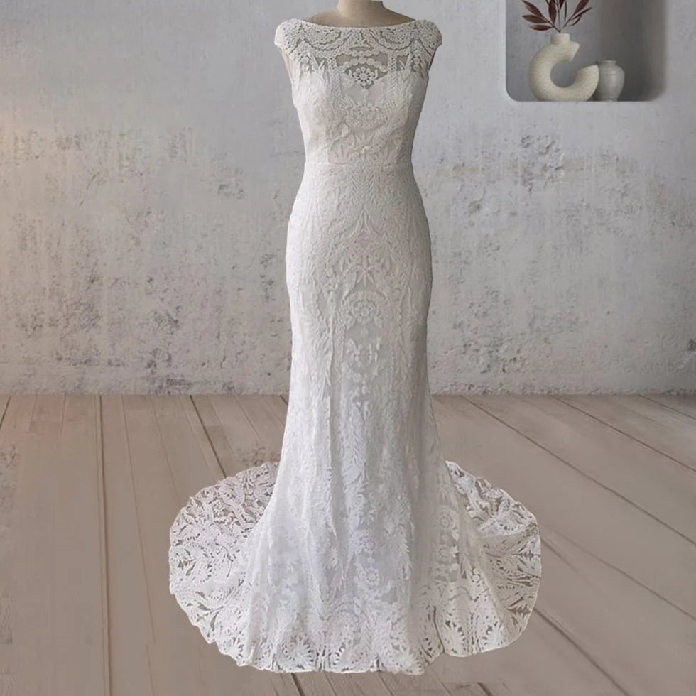 White Floral Lace Mermaid Scoop Neck Sleeveless Open Back Wedding Dress With Sweep Train