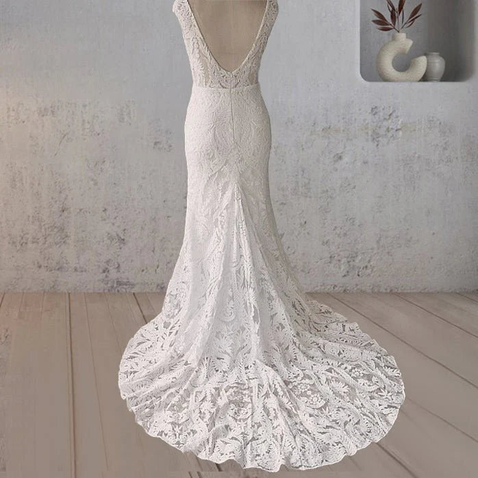 White Floral Lace Mermaid Scoop Neck Sleeveless Open Back Wedding Dress With Sweep Train