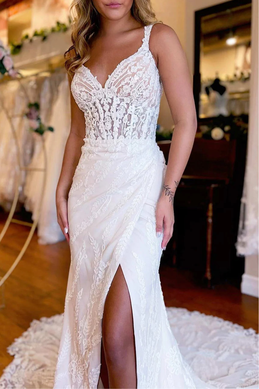 White Floral Lace V Neck Open Back Mermaid Long Slit Wedding Dress With Train