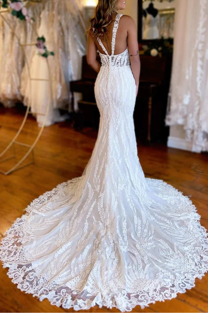 White Floral Lace V Neck Open Back Mermaid Long Slit Wedding Dress With Train