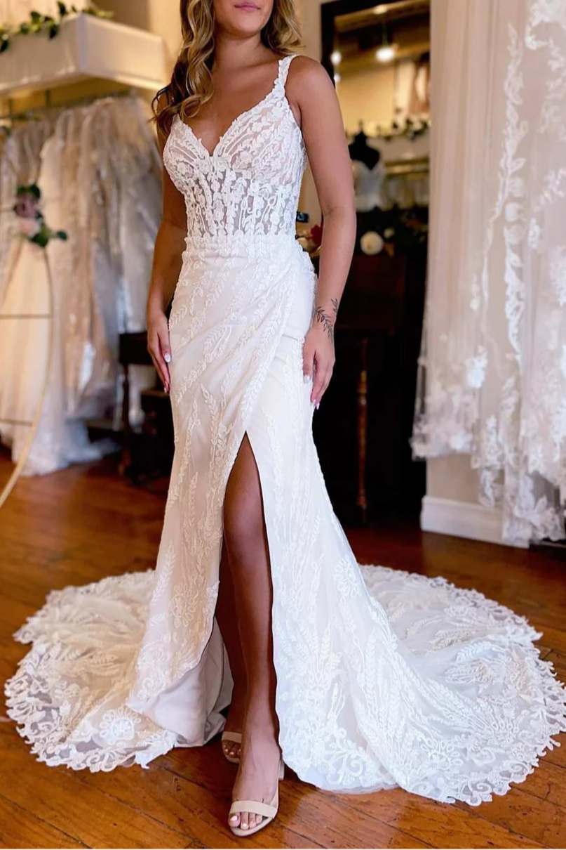 White Floral Lace V Neck Open Back Mermaid Long Slit Wedding Dress With Train
