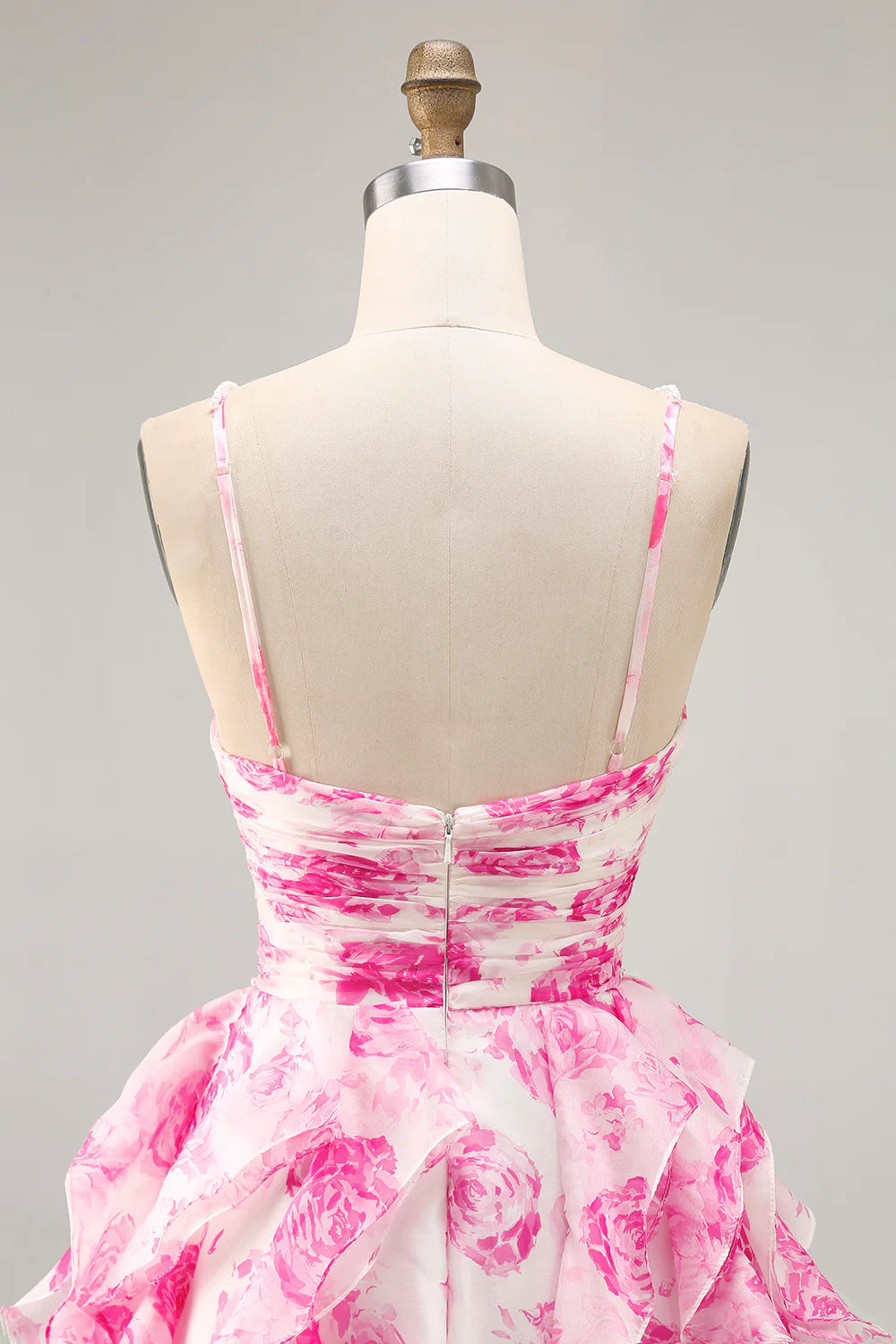 White Fuchsia Flower Printed A Line Cut Out Halter Tiered Homecoming Dress With Beaded