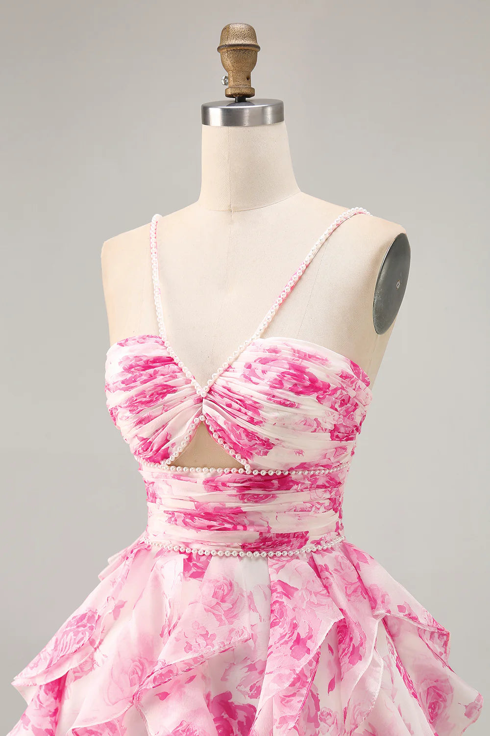 White Fuchsia Flower Printed A Line Cut Out Halter Tiered Homecoming Dress With Beaded