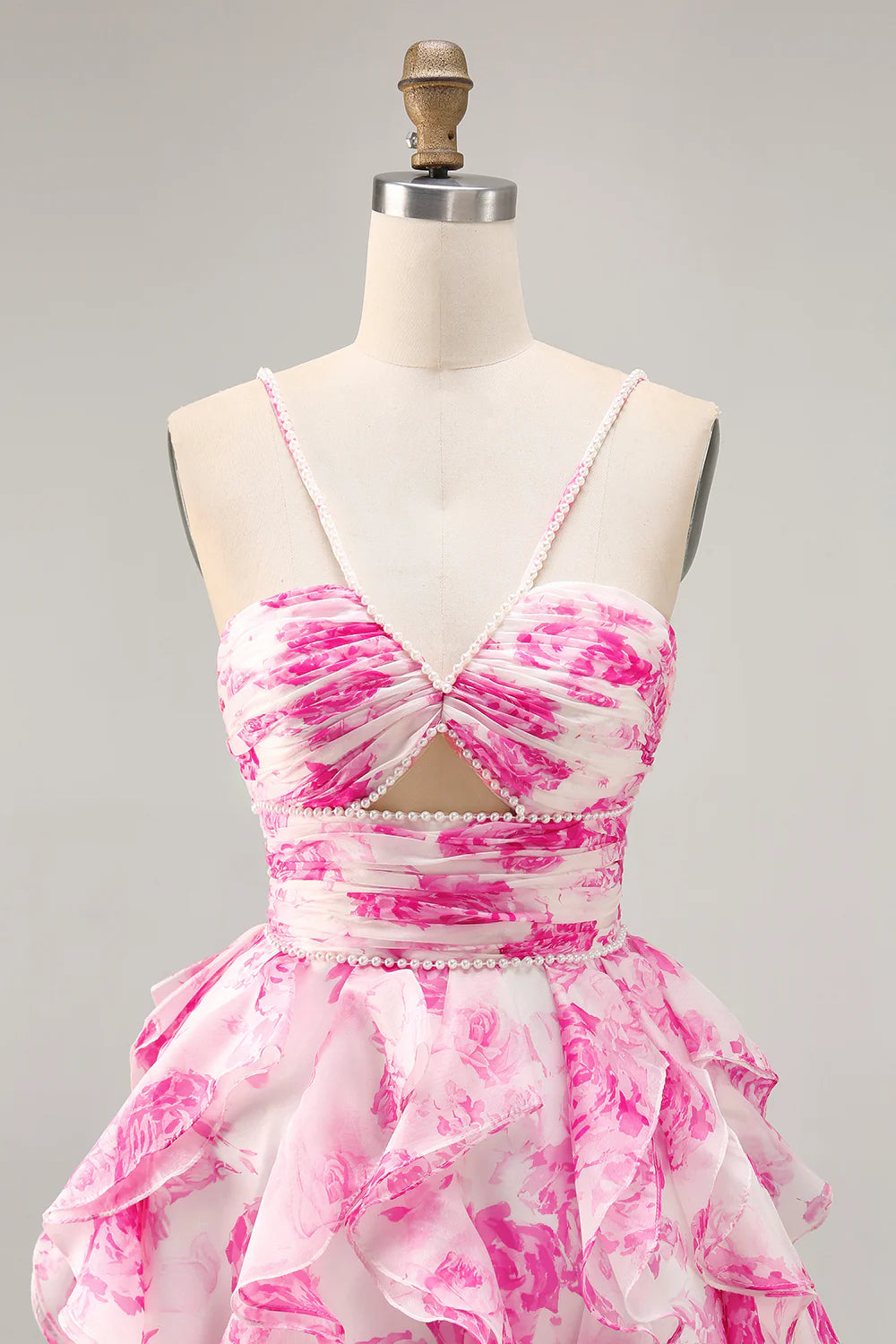 White Fuchsia Flower Printed A Line Cut Out Halter Tiered Homecoming Dress With Beaded