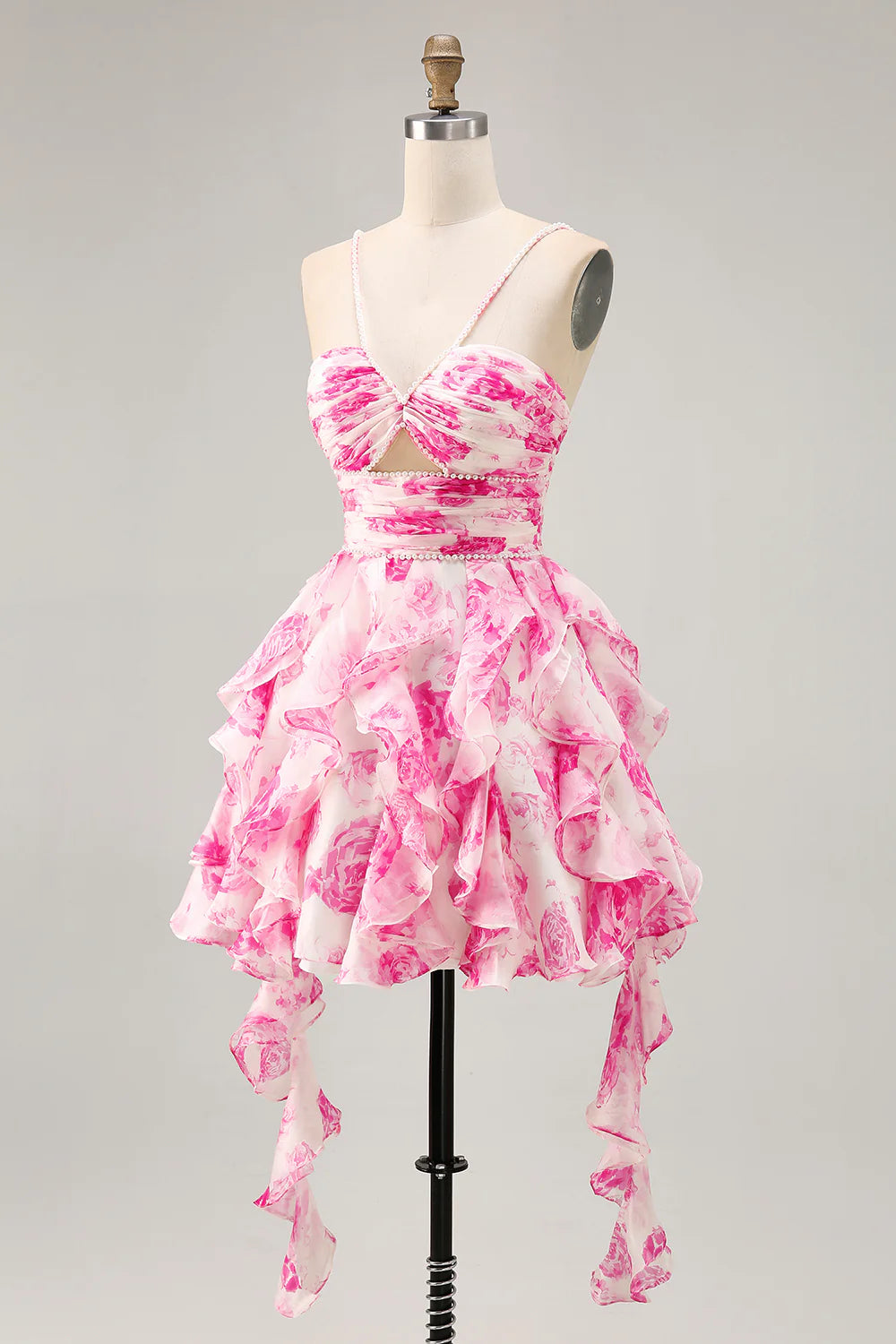 White Fuchsia Flower Printed A Line Cut Out Halter Tiered Homecoming Dress With Beaded
