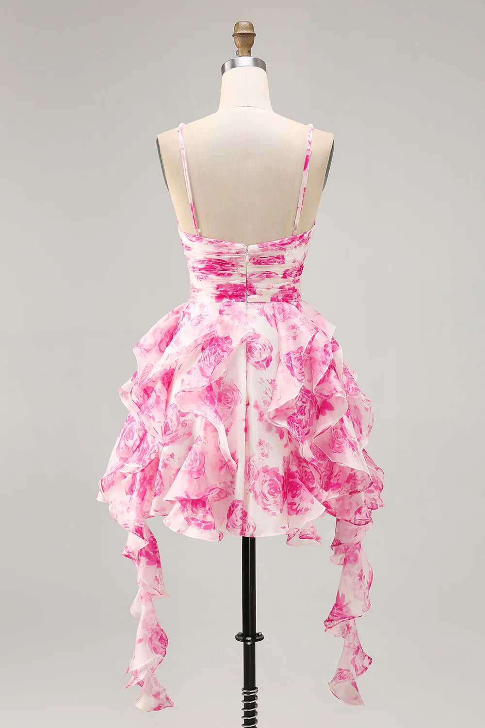 White Fuchsia Flower Printed A Line Cut Out Halter Tiered Homecoming Dress With Beaded