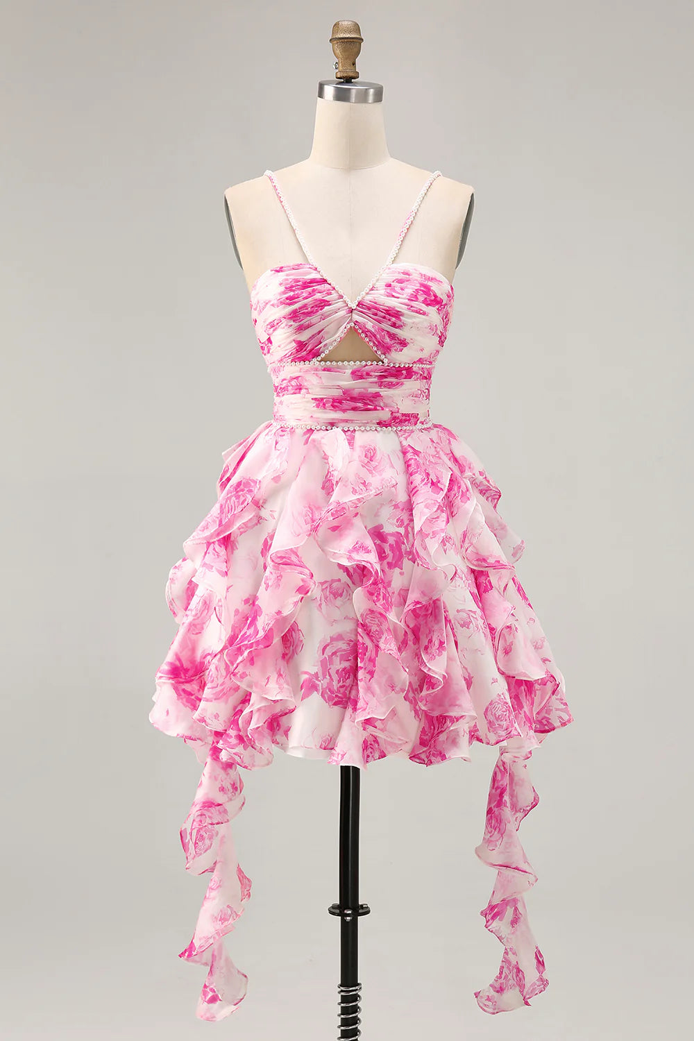 White Fuchsia Flower Printed A Line Cut Out Halter Tiered Homecoming Dress With Beaded