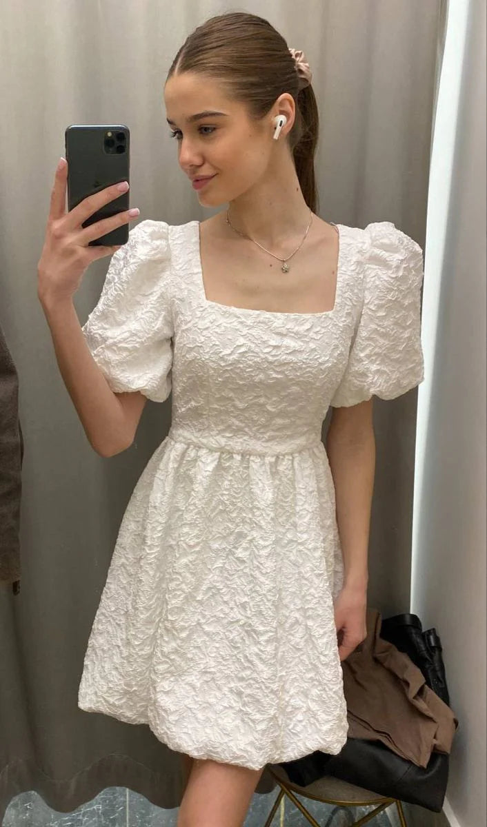 White Jacquard Square Neck Short Sleeves A Line Homecoming Party Dress Short Prom Dress