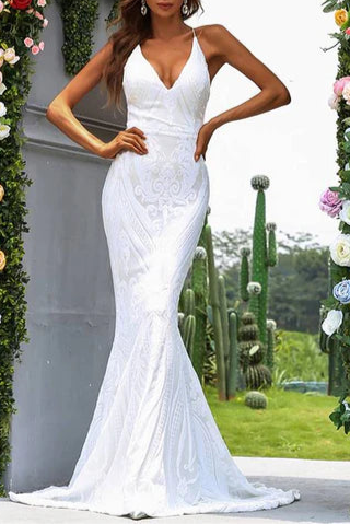 White Jacquard V-Neck Cross Back Spaghetti Straps Mermaid Long Evening Dress With Train