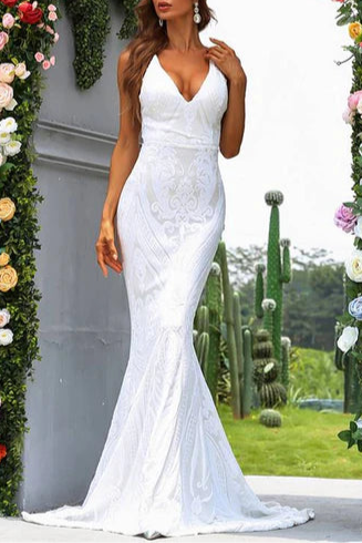 White Jacquard V-Neck Cross Back Spaghetti Straps Mermaid Long Evening Dress With Train
